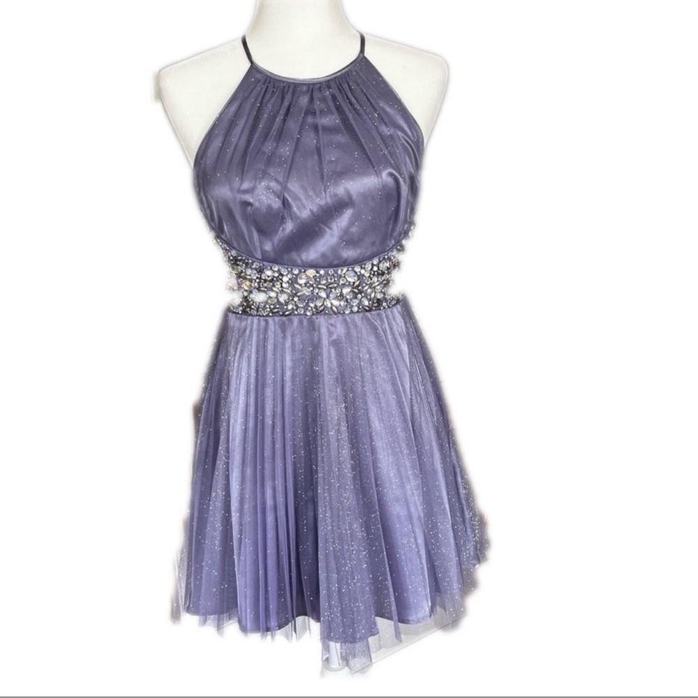 Teeze Me Purple Halter Dress with Embellished Waist